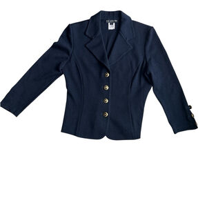 St. John Basics Navy Blue Santana Knit Jacket Size 12 Wool 4 Buttons Business